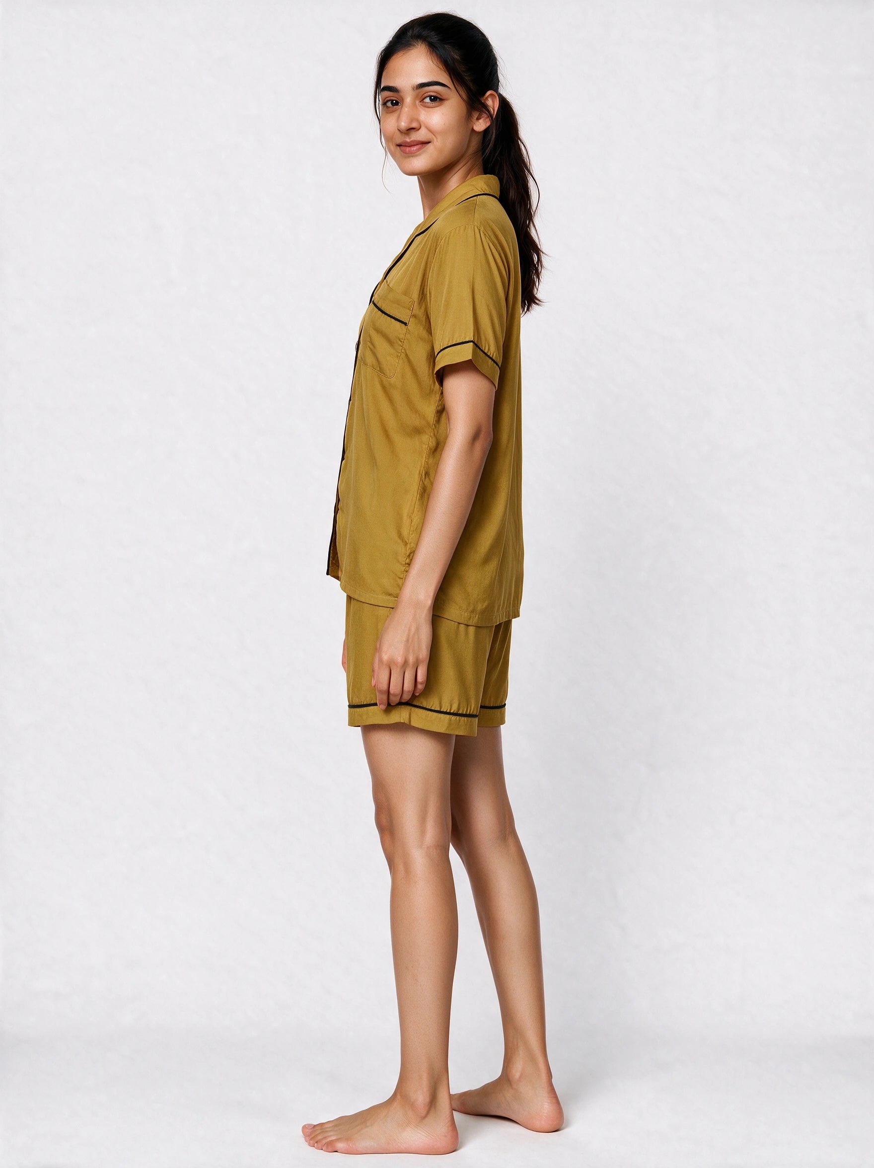 Mustard Short Sleeves Soft Satin Ladies Night Suit