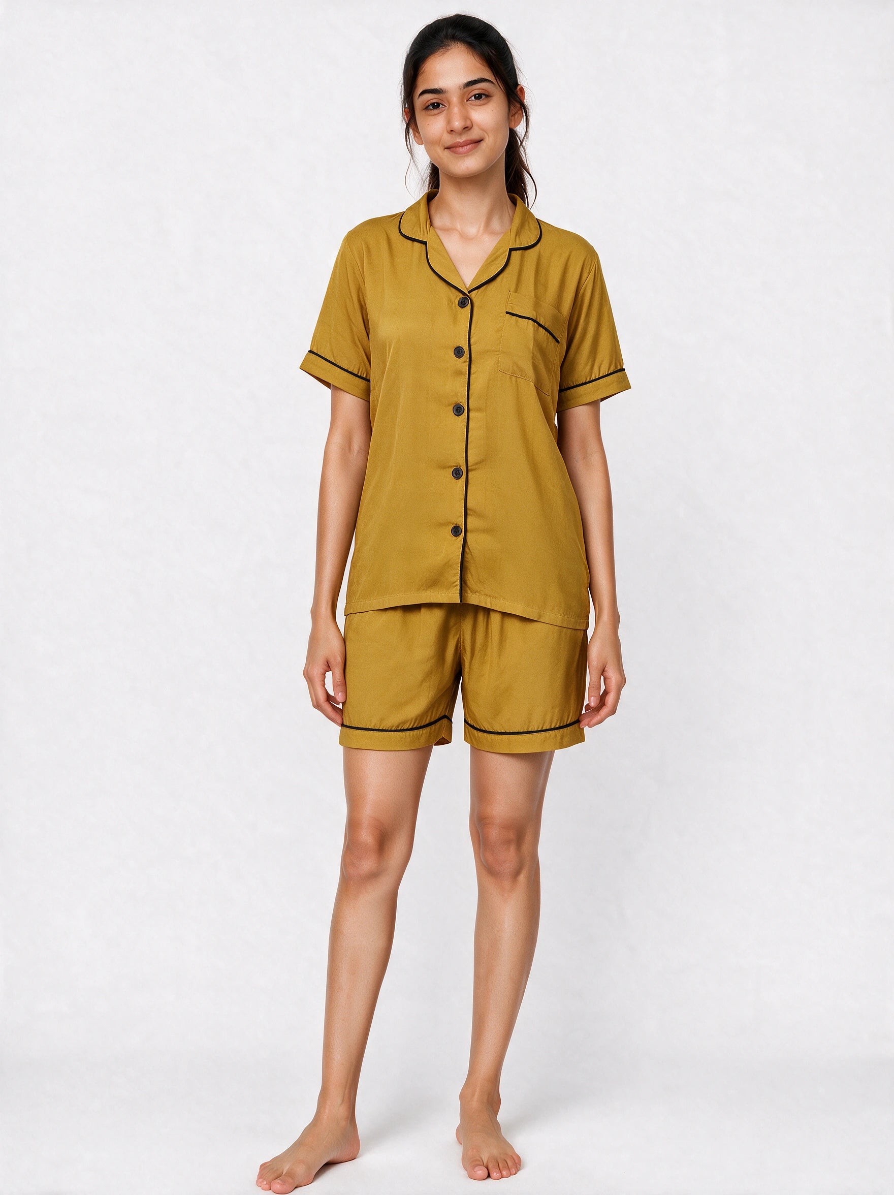 Mustard Short Sleeves Soft Satin Ladies Night Suit