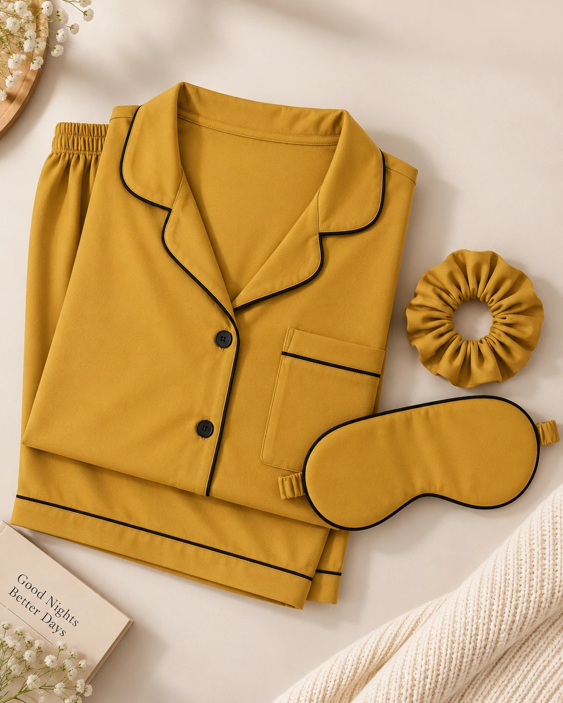 Mustard Short Sleeves Soft Satin Ladies Night Suit - Ultimo