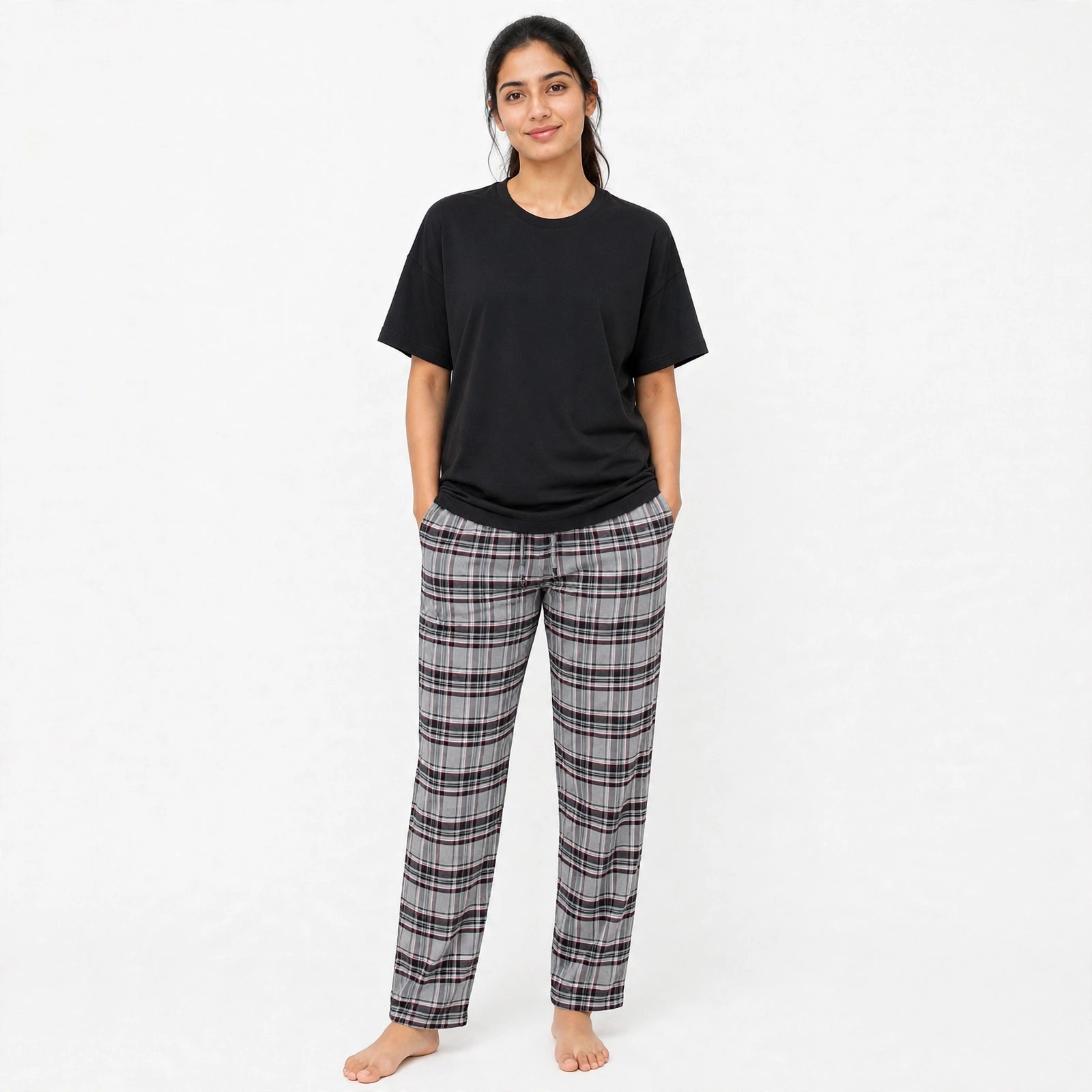 Noir Black tshirt & Grey Pajama Set for female