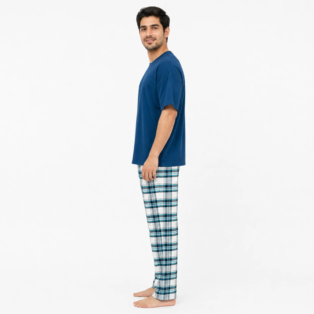 Nova Blue Tshirt & Check Pajama Set for Male