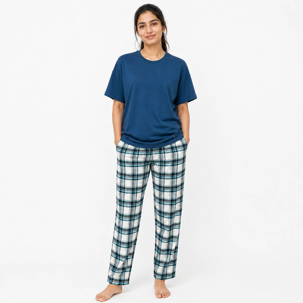 Nova Blue Tshirt & Check Pajama  Set for females