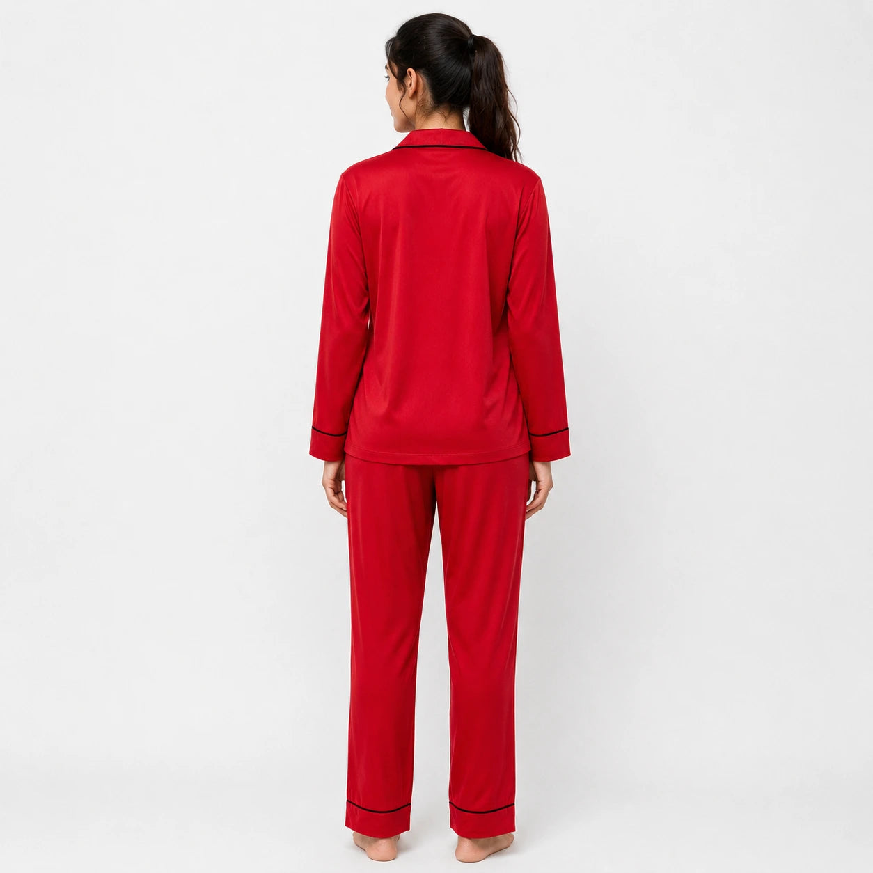Red Long Sleeves Soft Satin Ladies Night Suit