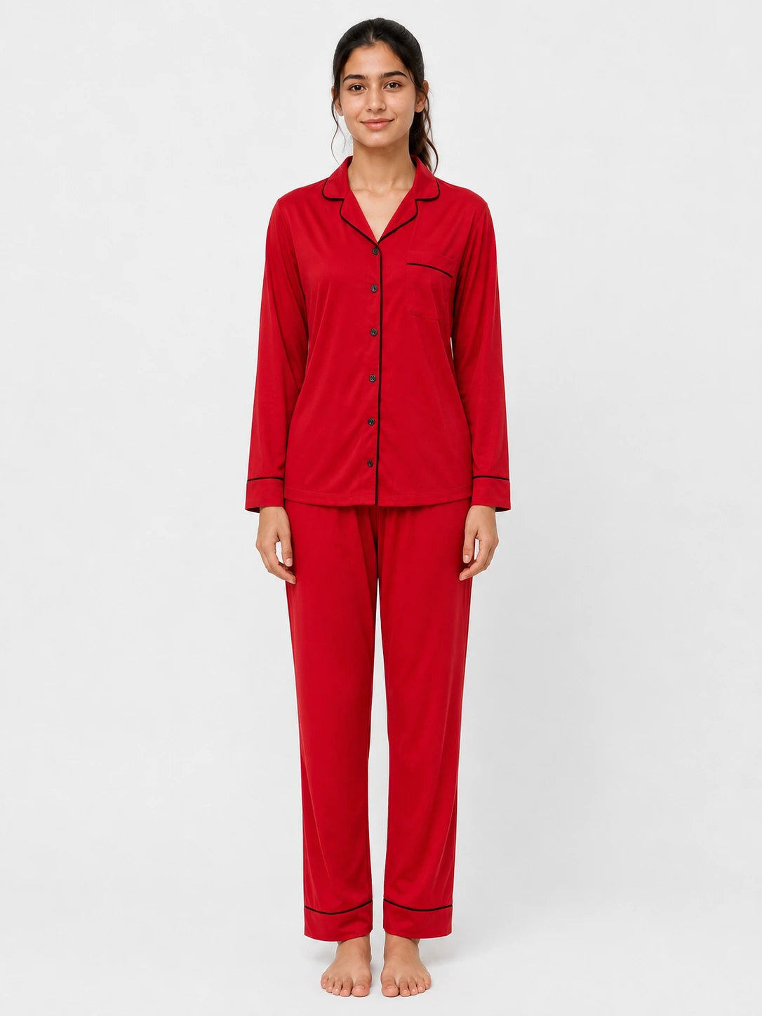 Red Long Sleeves Soft Satin Ladies Night Suit