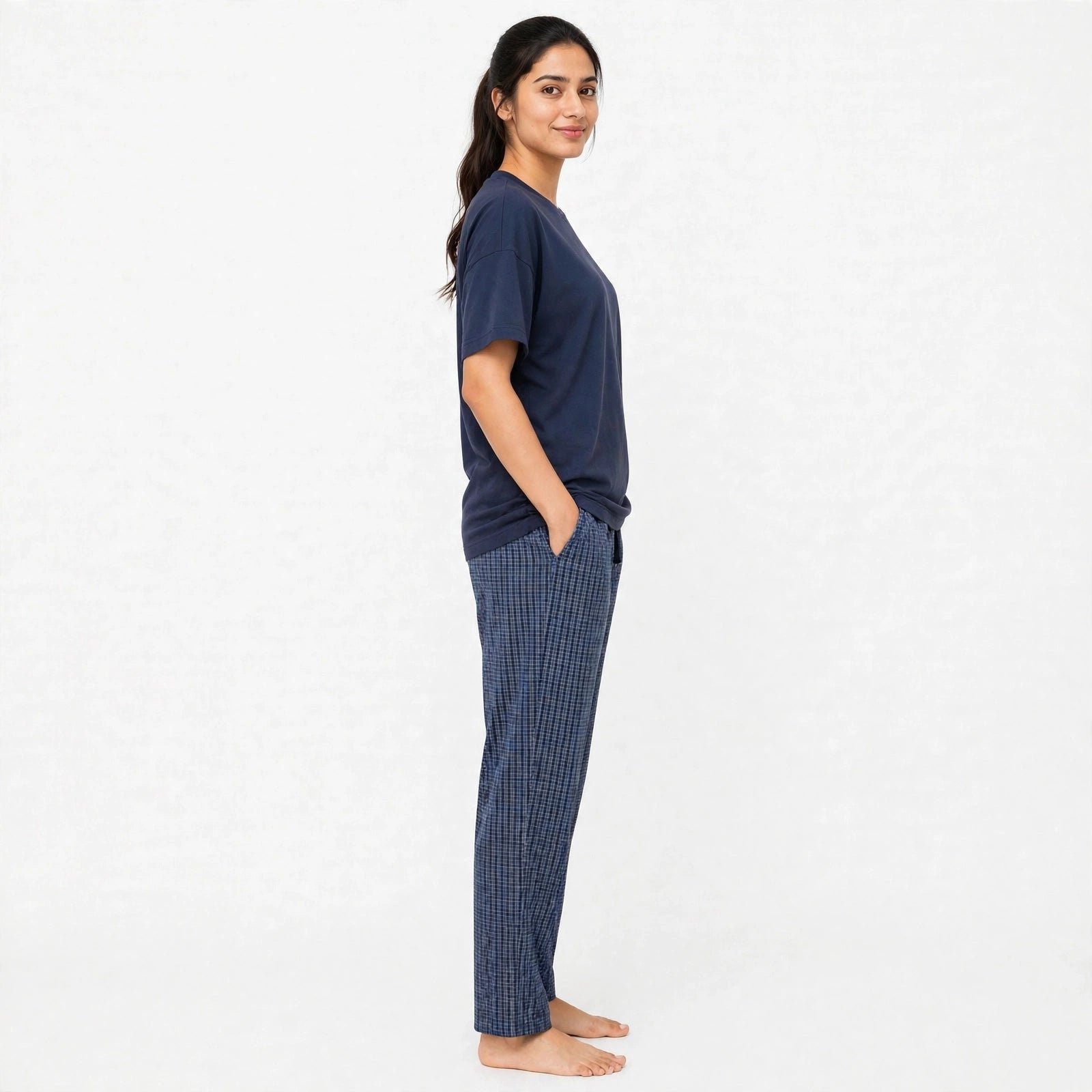 Reset Navy tshirt & Check Pajama Set for female-3