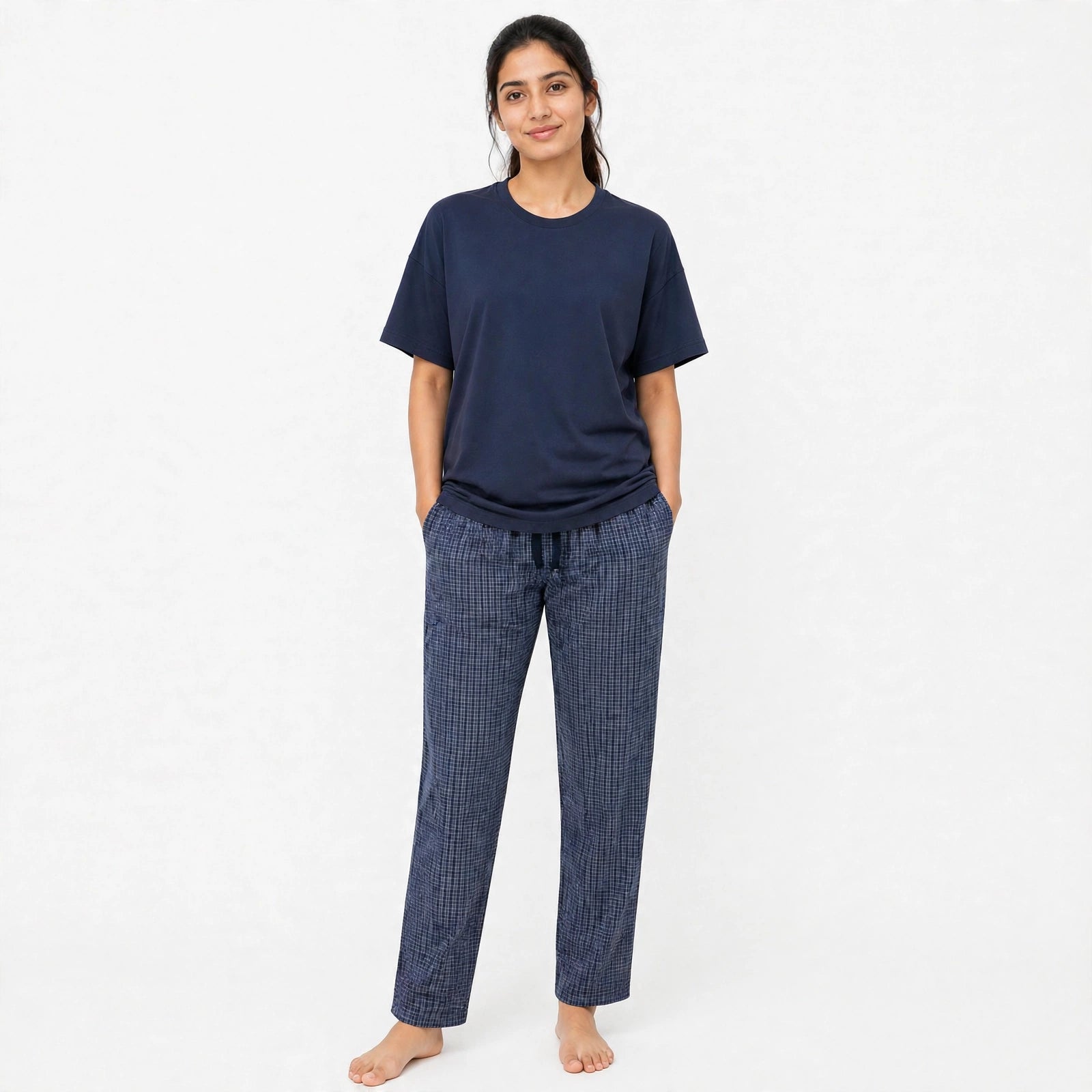 Reset Navy tshirt & Check Pajama Set for female-3