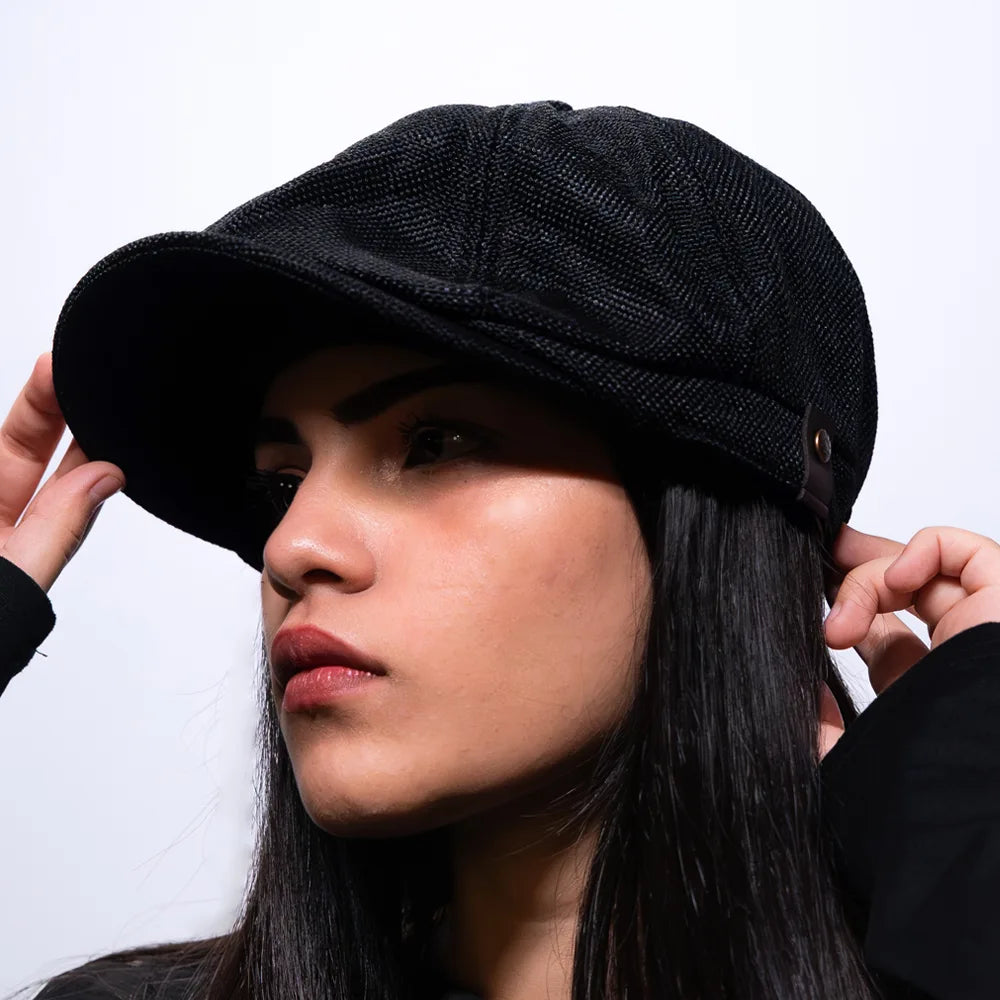 [Summer] Black Bayside Linen Cap (100% Polyester non-padded - headsize 53cm to 58cm - free adult headsize with elastic band)