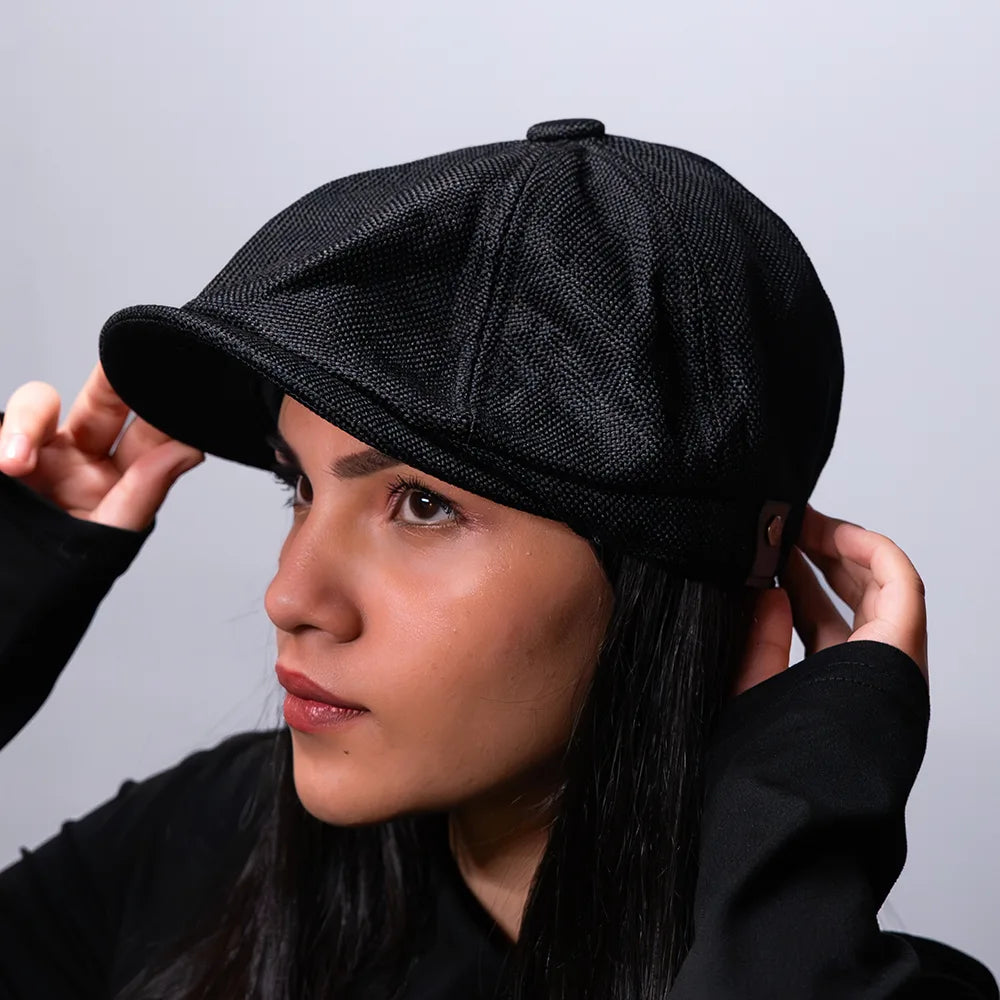 [Summer] Black Bayside Linen Cap (100% Polyester non-padded - headsize 53cm to 58cm - free adult headsize with elastic band)