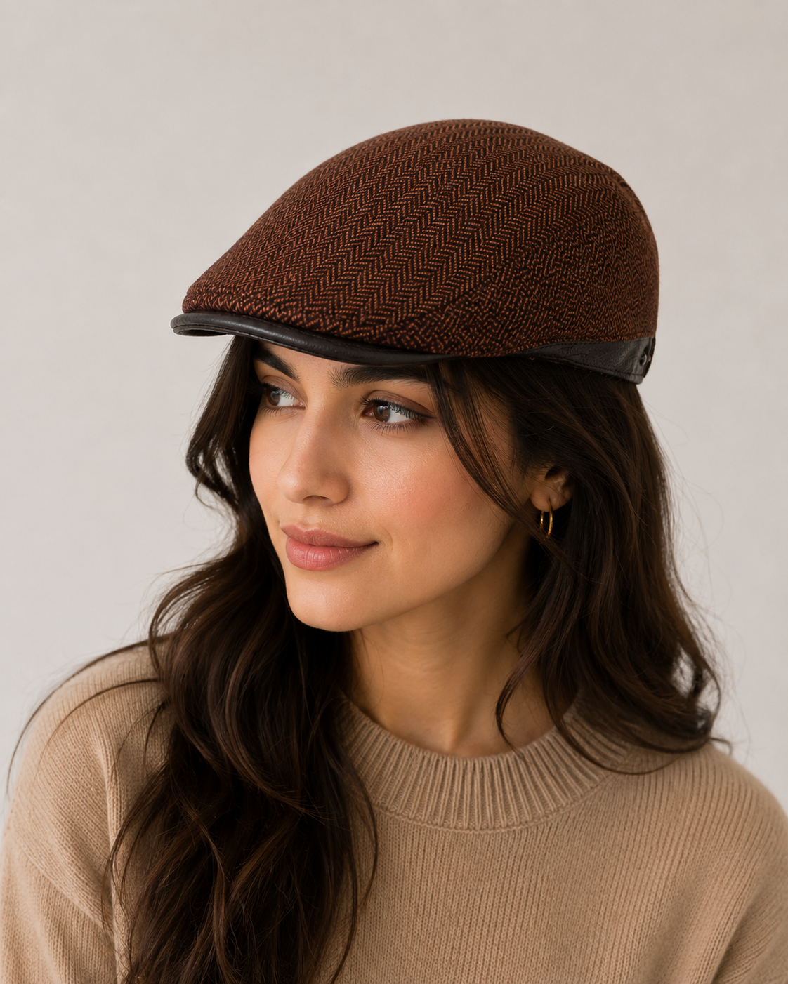 [Summer] Houndstooth Striped Beret Cap with Adjustable Brim - Ideal for summer wear - 56am to 59 cm - 70% Polyester, 30% Wool
