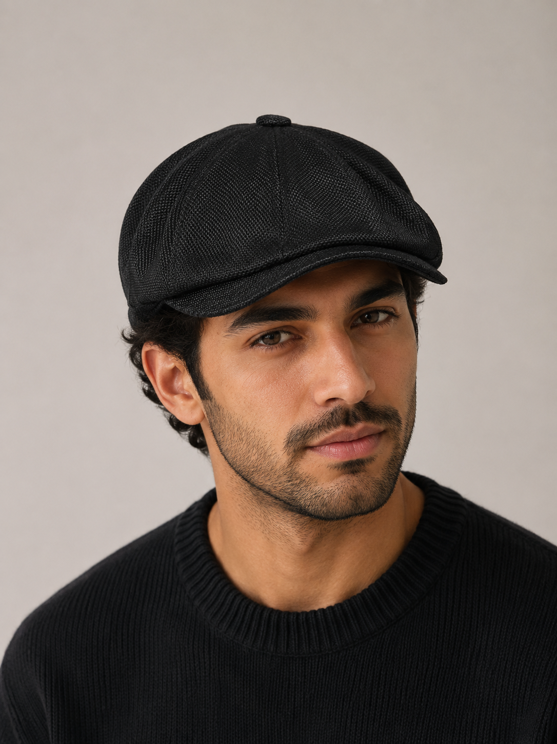 [Summer] Black Bayside Linen Cap (100% Polyester non-padded  - free adult headsize with elastic band)