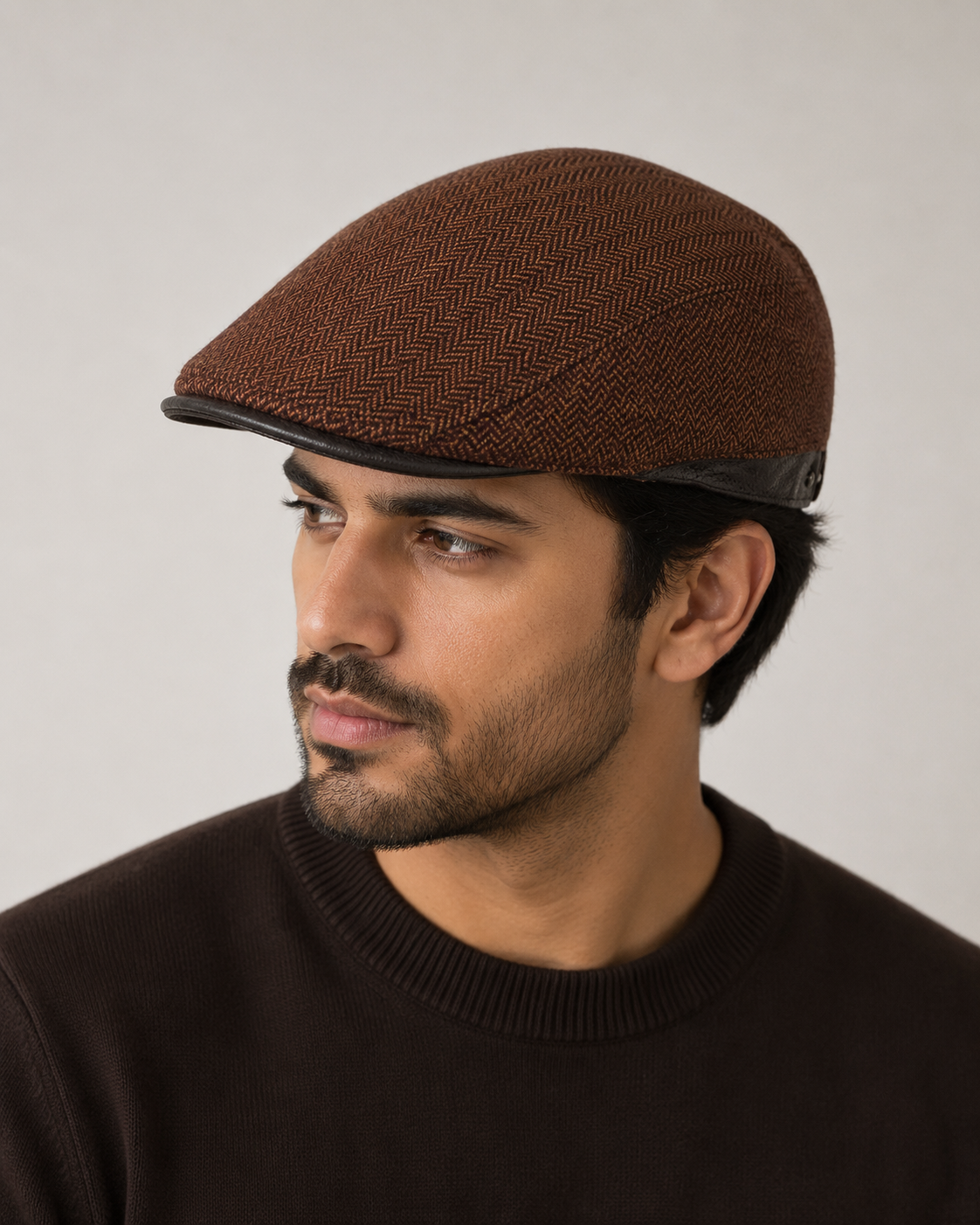 [Summer] Houndstooth Striped Beret Cap with Adjustable Brim - Ideal for summer wear - 56am to 59 cm - 70% Polyester, 30% Wool